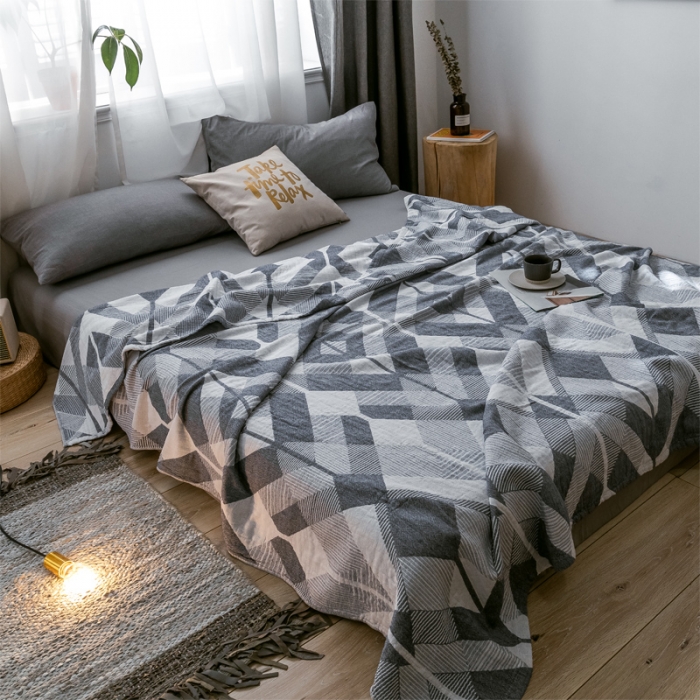 91家纺网 家纺一手货源 找家纺 朴尔 2021爆款三层水洗棉全棉纱布毛巾被 几何体-灰