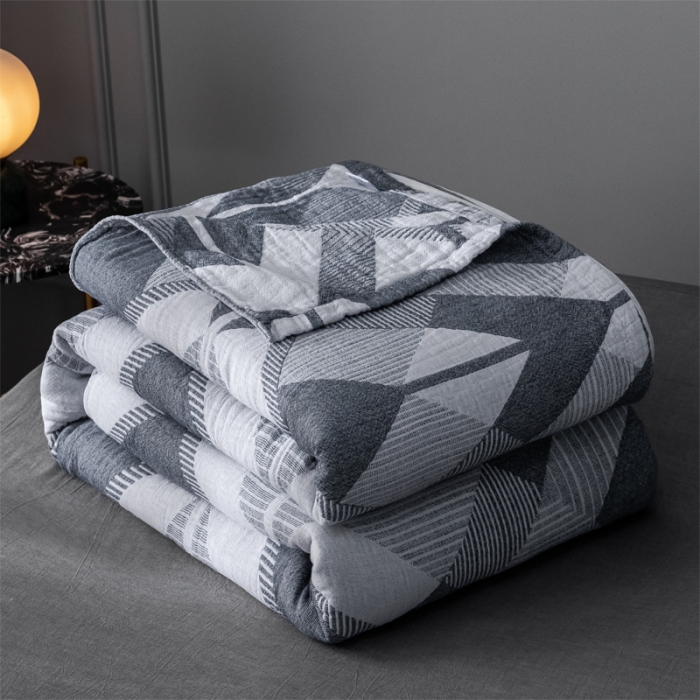 91家纺网 家纺一手货源 找家纺 朴尔 2021爆款三层水洗棉全棉纱布毛巾被 几何体-灰