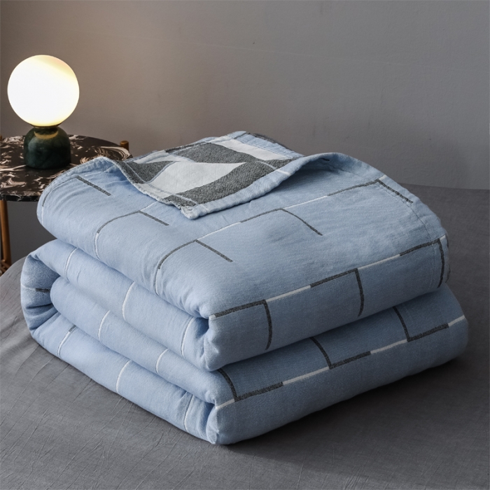 91家纺网 家纺一手货源 找家纺 朴尔 2021爆款三层水洗棉全棉纱布毛巾被 简约线条-冰蓝