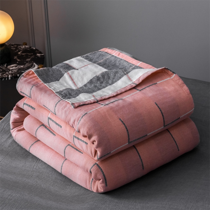 91家纺网 家纺一手货源 找家纺 朴尔 2021爆款三层水洗棉全棉纱布毛巾被 简约线条-粉