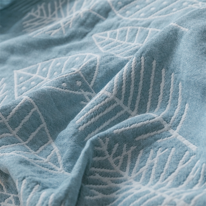91家纺网 家纺一手货源 找家纺 朴尔 2021爆款三层水洗棉全棉纱布毛巾被 日式落叶-冰蓝