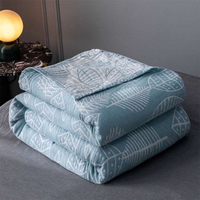 91家纺网 家纺一手货源 找家纺 朴尔 2021爆款三层水洗棉全棉纱布毛巾被 日式落叶-冰蓝