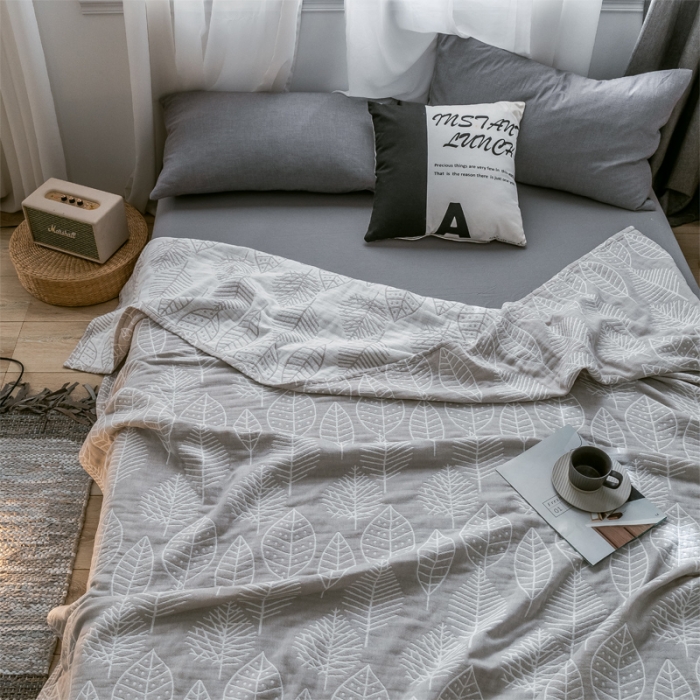 91家纺网 家纺一手货源 找家纺 朴尔 2021爆款三层水洗棉全棉纱布毛巾被 日式落叶-驼