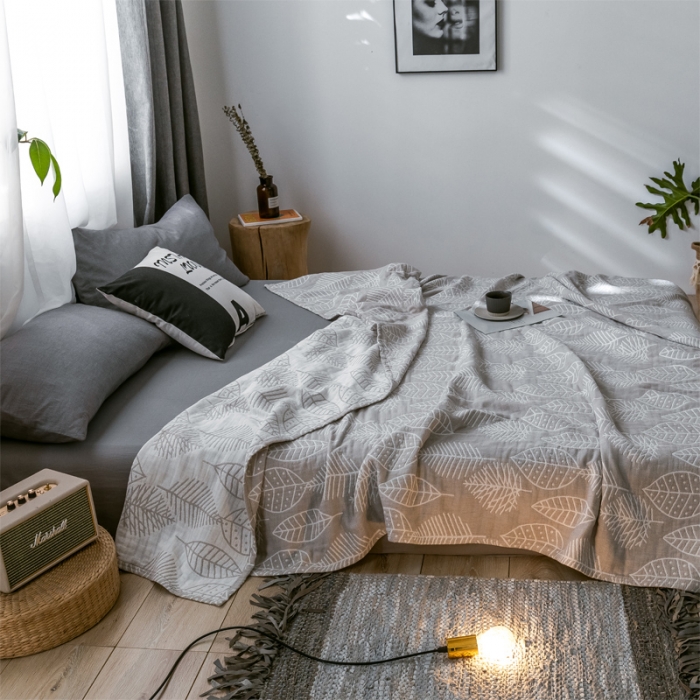 91家纺网 家纺一手货源 找家纺 朴尔 2021爆款三层水洗棉全棉纱布毛巾被 日式落叶-驼