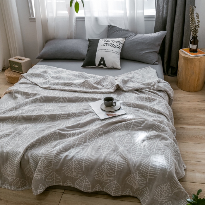 91家纺网 家纺一手货源 找家纺 朴尔 2021爆款三层水洗棉全棉纱布毛巾被 日式落叶-驼