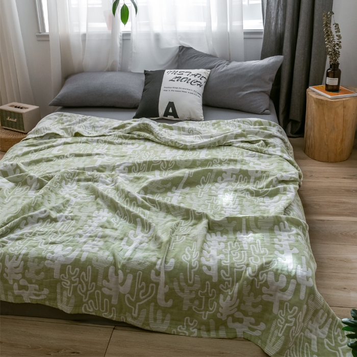 91家纺网 家纺一手货源 找家纺 朴尔 2021爆款三层水洗棉全棉纱布毛巾被 仙人掌-绿