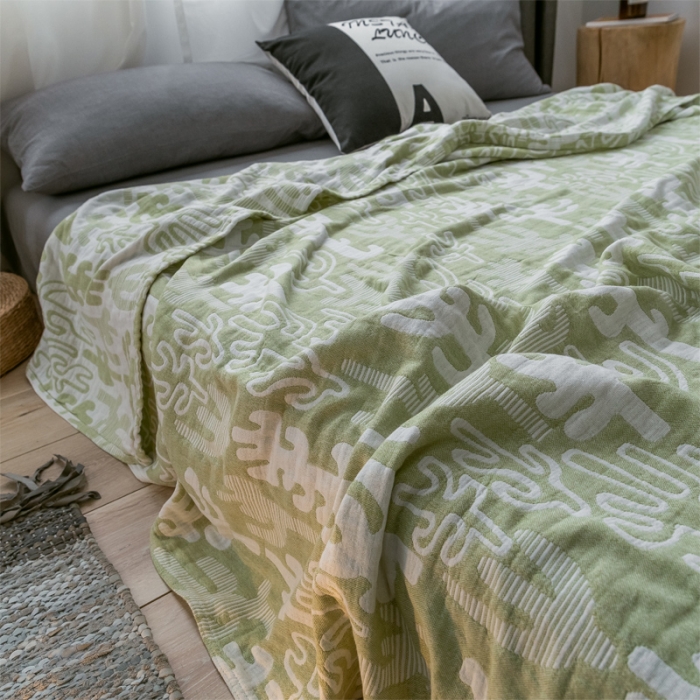 91家纺网 家纺一手货源 找家纺 朴尔 2021爆款三层水洗棉全棉纱布毛巾被 仙人掌-绿