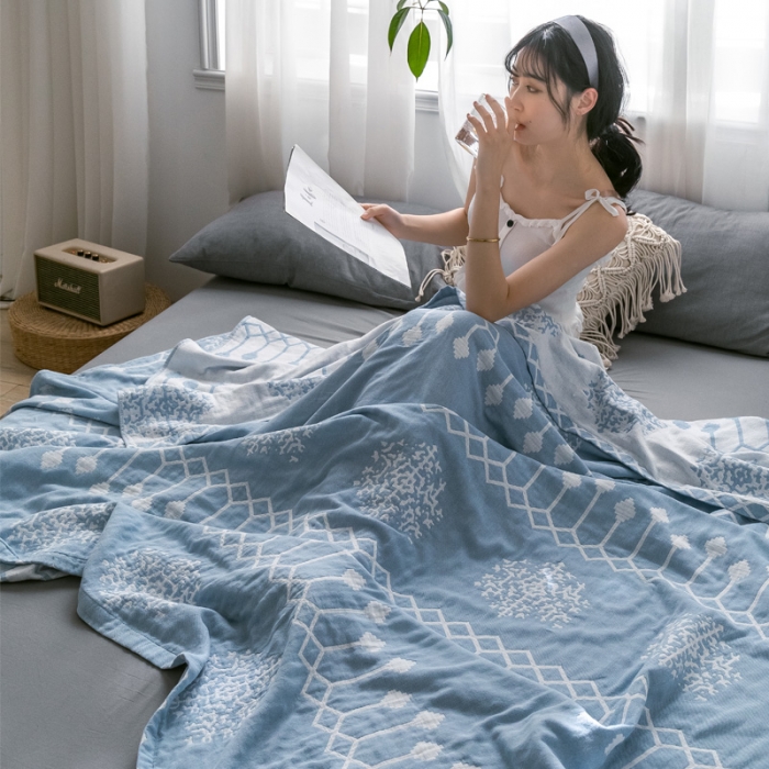 91家纺网 家纺一手货源 找家纺 朴尔 2021爆款三层水洗棉全棉纱布毛巾被 印第安-冰蓝