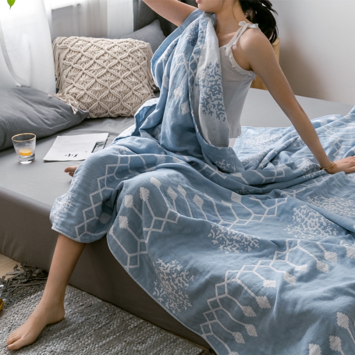91家纺网 家纺一手货源 找家纺 朴尔 2021爆款三层水洗棉全棉纱布毛巾被 印第安-冰蓝