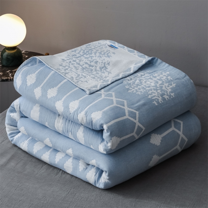 91家纺网 家纺一手货源 找家纺 朴尔 2021爆款三层水洗棉全棉纱布毛巾被 印第安-冰蓝