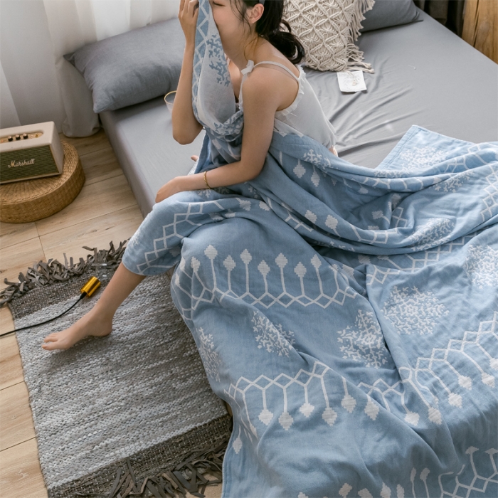 91家纺网 家纺一手货源 找家纺 朴尔 2021爆款三层水洗棉全棉纱布毛巾被 印第安-冰蓝