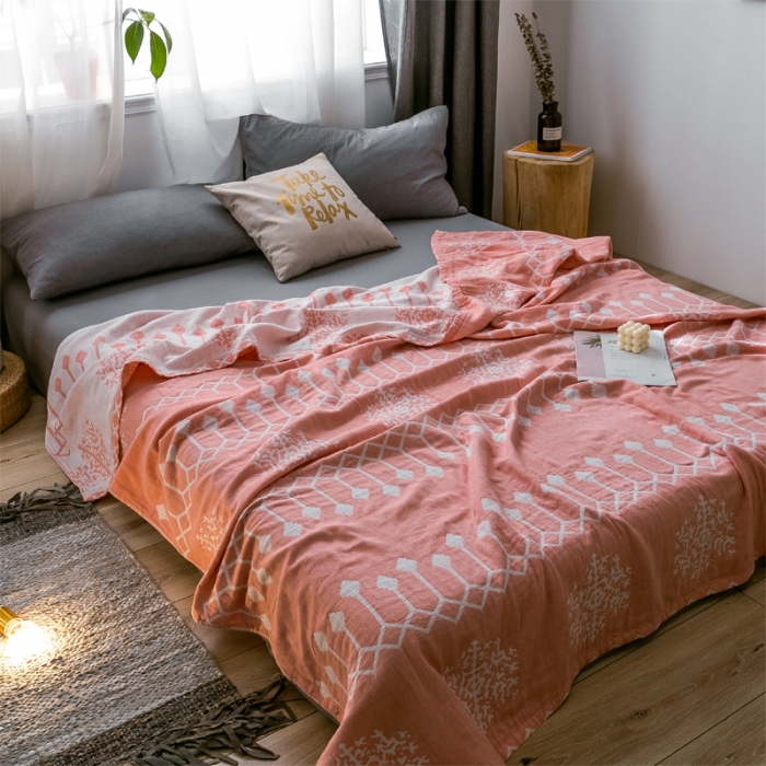 91家纺网 家纺一手货源 找家纺 朴尔 2021爆款三层水洗棉全棉纱布毛巾被 印第安-粉