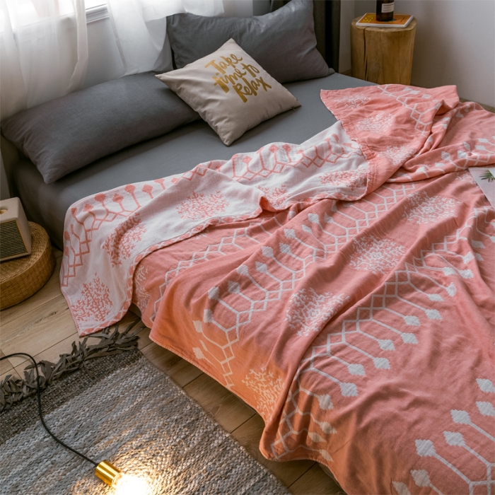 91家纺网 家纺一手货源 找家纺 朴尔 2021爆款三层水洗棉全棉纱布毛巾被 印第安-粉