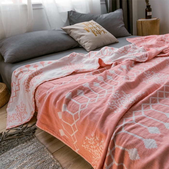 91家纺网 家纺一手货源 找家纺 朴尔 2021爆款三层水洗棉全棉纱布毛巾被 印第安-粉