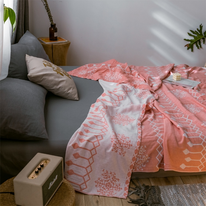 91家纺网 家纺一手货源 找家纺 朴尔 2021爆款三层水洗棉全棉纱布毛巾被 印第安-粉