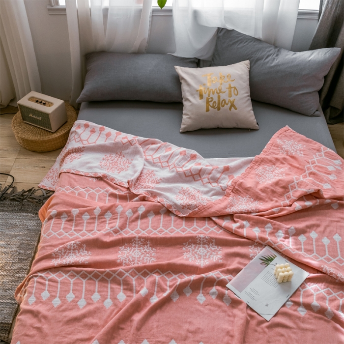 91家纺网 家纺一手货源 找家纺 朴尔 2021爆款三层水洗棉全棉纱布毛巾被 印第安-粉