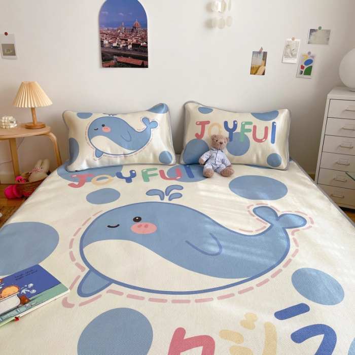 91家纺网 家纺一手货源 找家纺 川悦生活 直播供货2021新款小清新大版冰丝席卡通凉席三件套快乐鲸鱼