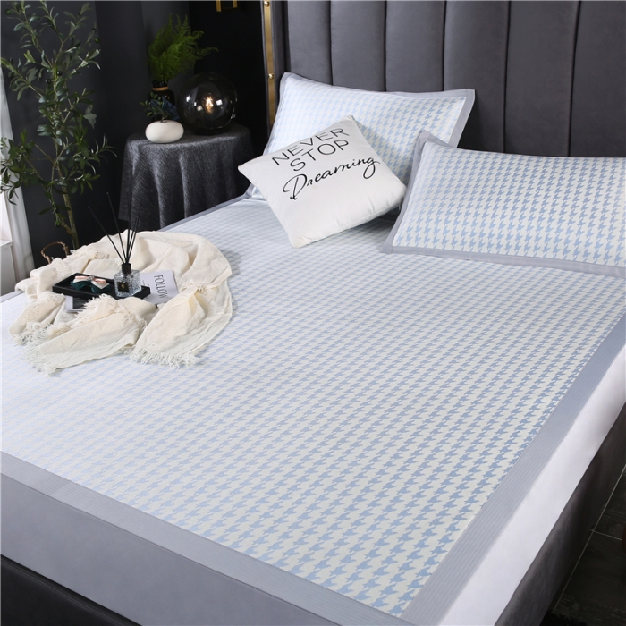 91家纺网 家纺一手货源 找家纺 青竹苑 2021新款600D三明治千鸟格冰丝凉席 千鸟格-蓝