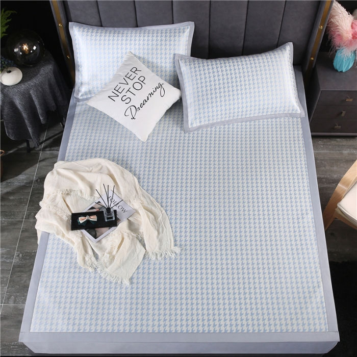 91家纺网 家纺一手货源 找家纺 青竹苑 2021新款600D三明治千鸟格冰丝凉席 千鸟格-蓝