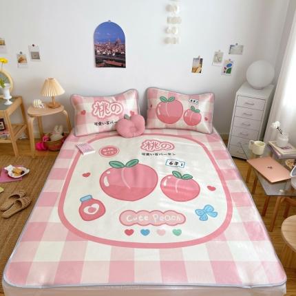 91家纺网 家纺一手货源 找家纺 川悦生活 直播供货2021新款小清新大版冰丝席卡通凉席三件套少女桃子