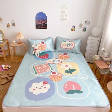 91家纺网 家纺一手货源 找家纺 川悦生活 直播供货2021新款小清新大版冰丝席卡通凉席三件套水果乐园