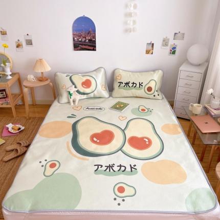 91家纺网 家纺一手货源 找家纺 川悦生活 直播供货2021新款小清新大版冰丝席卡通凉席三件套甜系牛油果