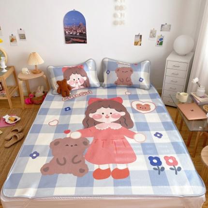 91家纺网 家纺一手货源 找家纺 川悦生活 直播供货2021新款小清新大版冰丝席卡通凉席三件套小熊女孩