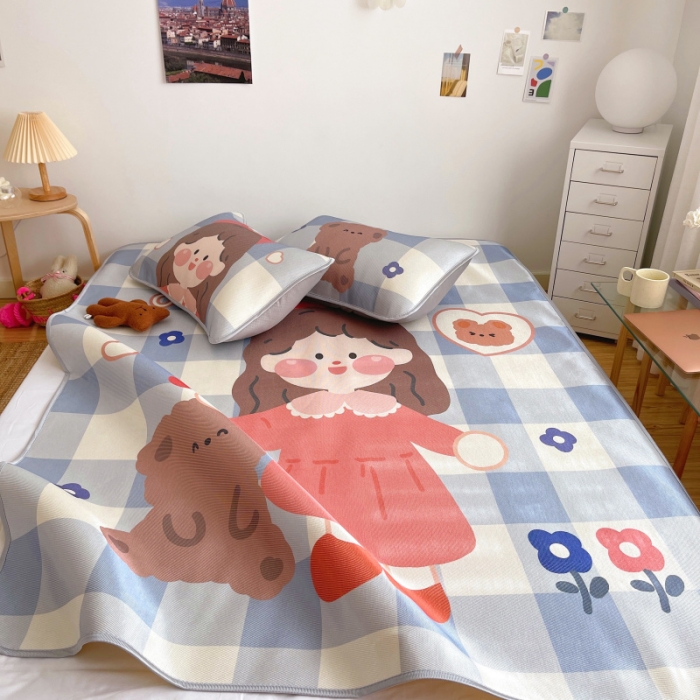 91家纺网 家纺一手货源 找家纺 川悦生活 直播供货2021新款小清新大版冰丝席卡通凉席三件套小熊女孩