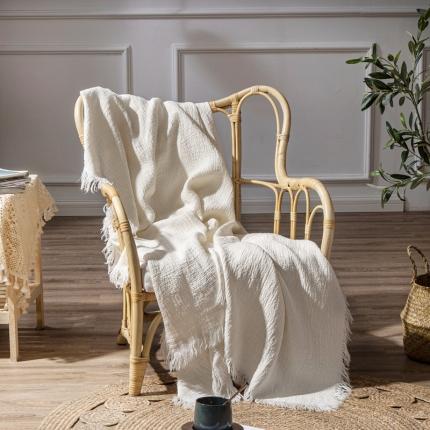 简家居 2021新款纯亚麻流苏盖毯 纯白