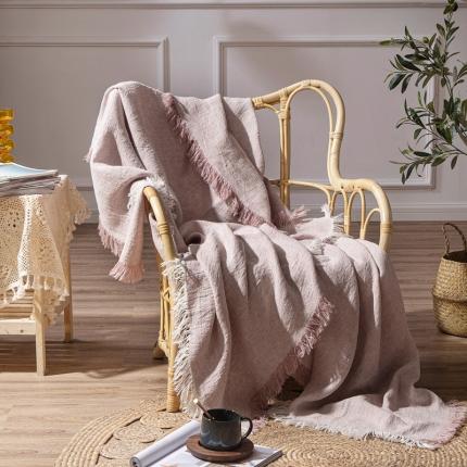 91家纺网 家纺一手货源 找家纺 简家居 2021新款纯亚麻流苏盖毯 皮粉色