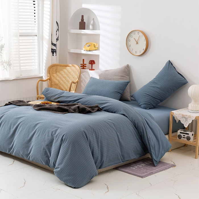 91家纺网 家纺一手货源 找家纺 简色坊 2023新款全棉水洗棉四件套 条格-蓝