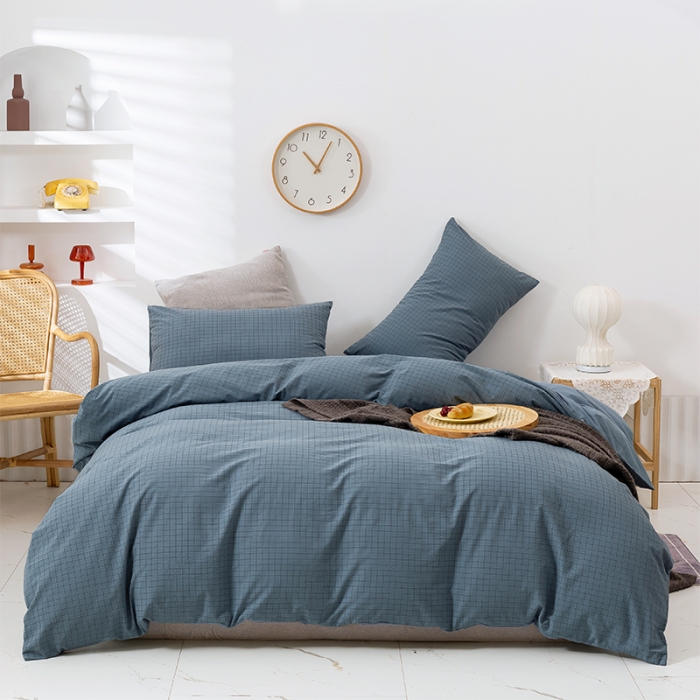 91家纺网 家纺一手货源 找家纺 简色坊 2023新款全棉水洗棉四件套 条格-蓝