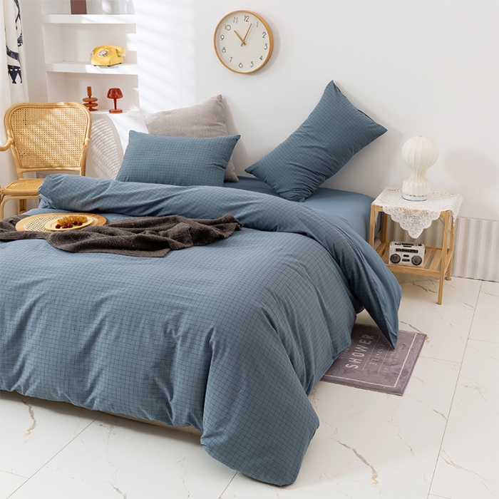 91家纺网 家纺一手货源 找家纺 简色坊 2023新款全棉水洗棉四件套 条格-蓝