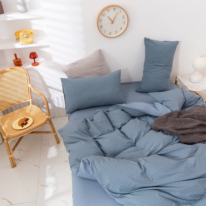 91家纺网 家纺一手货源 找家纺 简色坊 2023新款全棉水洗棉单品被套 条格-蓝
