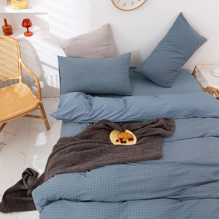 91家纺网 家纺一手货源 找家纺 简色坊 2023新款全棉水洗棉单品被套 条格-蓝