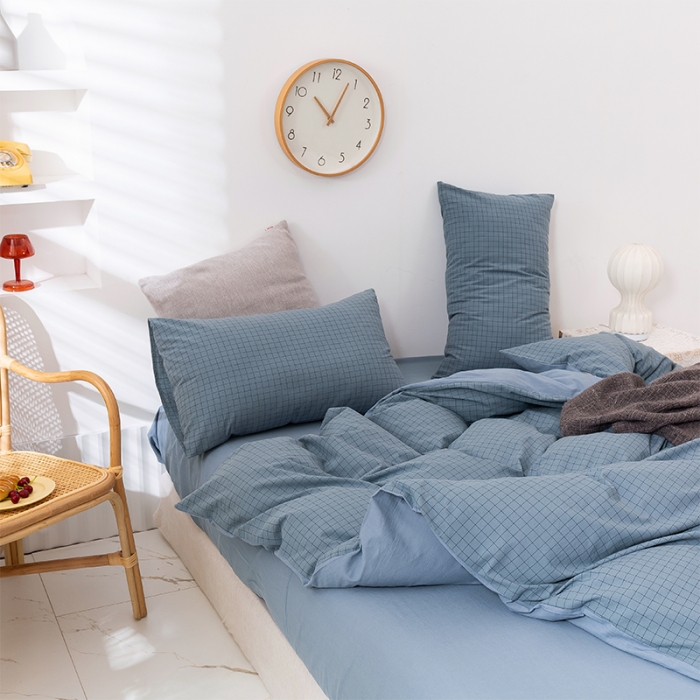 91家纺网 家纺一手货源 找家纺 简色坊 2023新款全棉水洗棉单品被套 条格-蓝