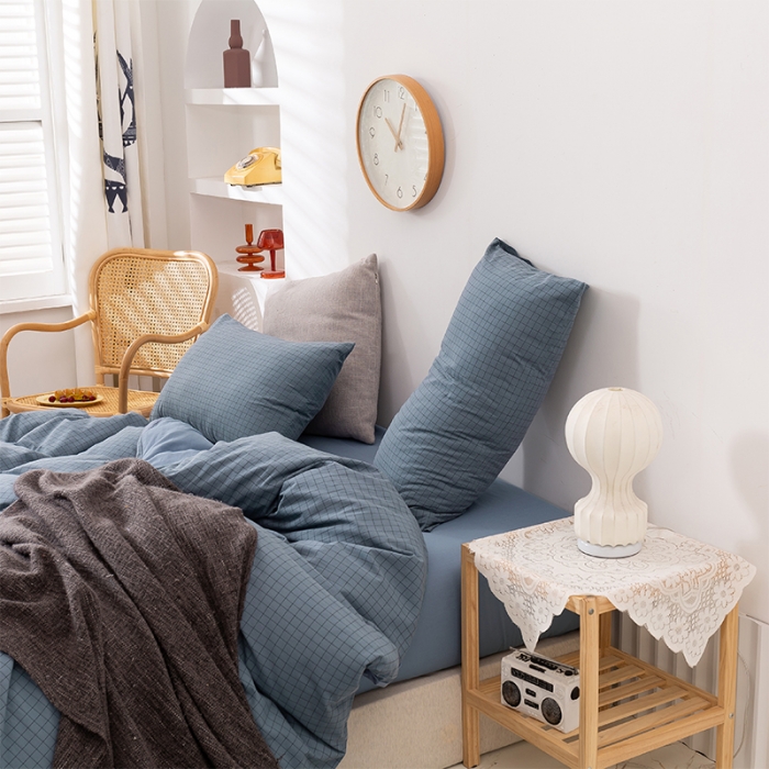 91家纺网 家纺一手货源 找家纺 简色坊 2023新款全棉水洗棉单品被套 条格-蓝