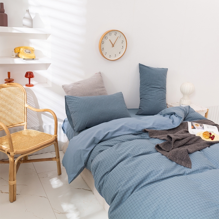 91家纺网 家纺一手货源 找家纺 简色坊 2023新款全棉水洗棉单品被套 条格-蓝