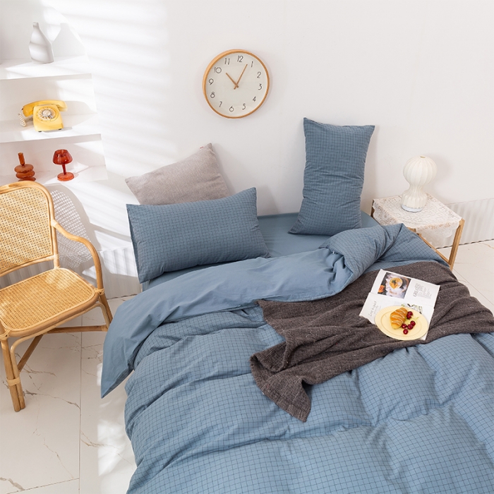 91家纺网 家纺一手货源 找家纺 简色坊 2023新款全棉水洗棉单品被套 条格-蓝