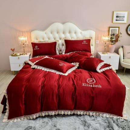 91家纺网 家纺一手货源 找家纺 米奈家居 2021新款水洗真丝蕾丝花边爱琳四件套 大红