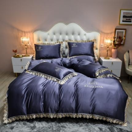 91家纺网 家纺一手货源 找家纺 米奈家居 2021新款水洗真丝蕾丝花边爱琳四件套 蓝灰