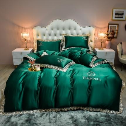 91家纺网 家纺一手货源 找家纺 米奈家居 2021新款水洗真丝蕾丝花边爱琳四件套 墨绿