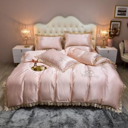 91家纺网 家纺一手货源 找家纺 米奈家居 2021新款水洗真丝蕾丝花边爱琳四件套 嫩粉