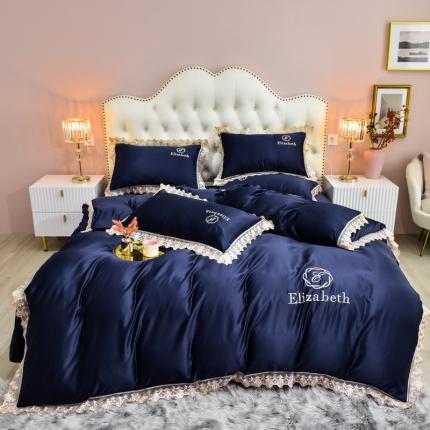 91家纺网 家纺一手货源 找家纺 米奈家居 2021新款水洗真丝蕾丝花边爱琳四件套 深蓝