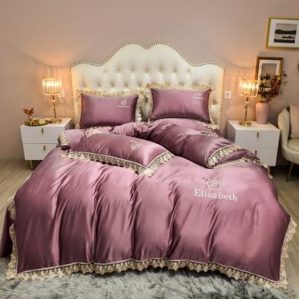 91家纺网 家纺一手货源 找家纺 米奈家居 2021新款水洗真丝蕾丝花边爱琳四件套 紫粉