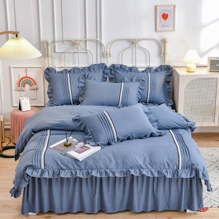 91家纺网 家纺一手货源 找家纺 绒兔兔2021韩版四季棉揪花工艺四件套蓝灰