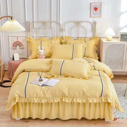 91家纺网 家纺一手货源 找家纺 绒兔兔2021韩版四季棉揪花工艺四件套亮黄