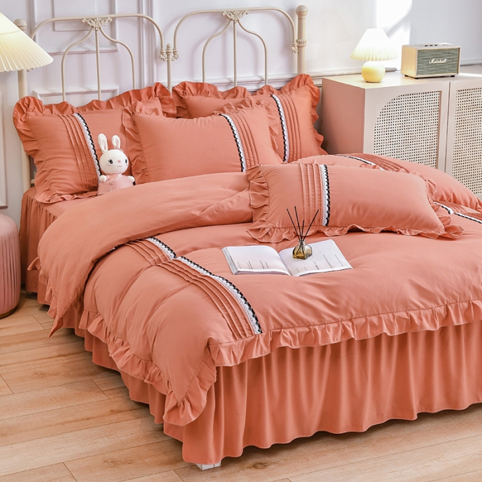 91家纺网 家纺一手货源 找家纺 绒兔兔2021韩版四季棉揪花工艺四件套砖红