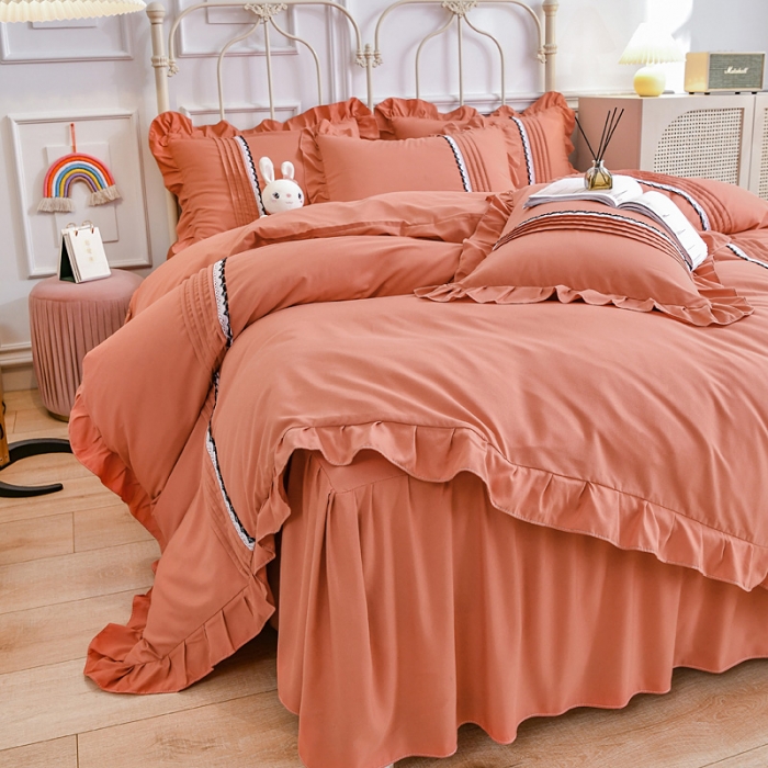 91家纺网 家纺一手货源 找家纺 绒兔兔2021韩版四季棉揪花工艺四件套砖红