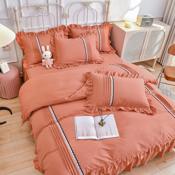 91家纺网 家纺一手货源 找家纺 绒兔兔2021韩版四季棉揪花工艺四件套砖红